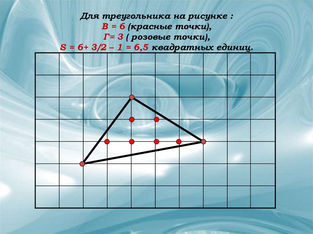 Для треугольника на рисунке : В = 6 (красные точки), Г= 3 ( розовые точки), S = 6+ 3/2 – 1 = 6,5 квадратных единиц.