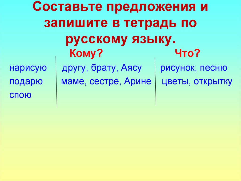 Составьте предложения и запишите в тетрадь по русскому языку.
