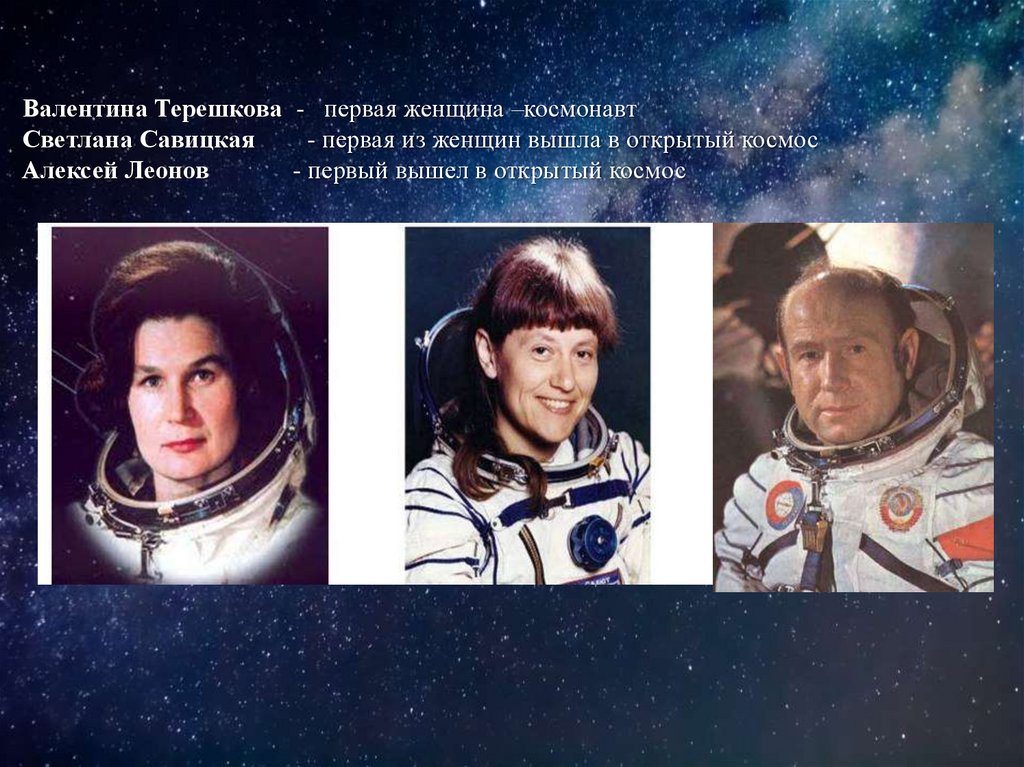 Валентина Терешкова - первая женщина –космонавт Светлана Савицкая - первая из женщин вышла в открытый космос Алексей Леонов -