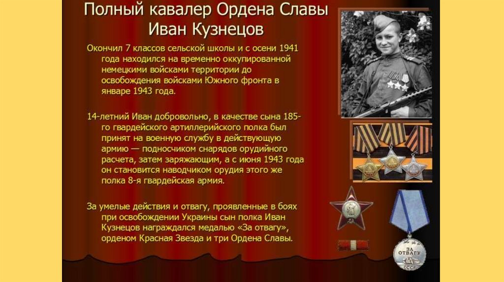 Кавалер 4 орденов славы. Иван Филиппович Кузнецов кавалер 3 орденов славы. Иван Филиппович Кузнецов. Самый молодой кавалер всех орденов славы. Дети полные кавалеры ордена славы.