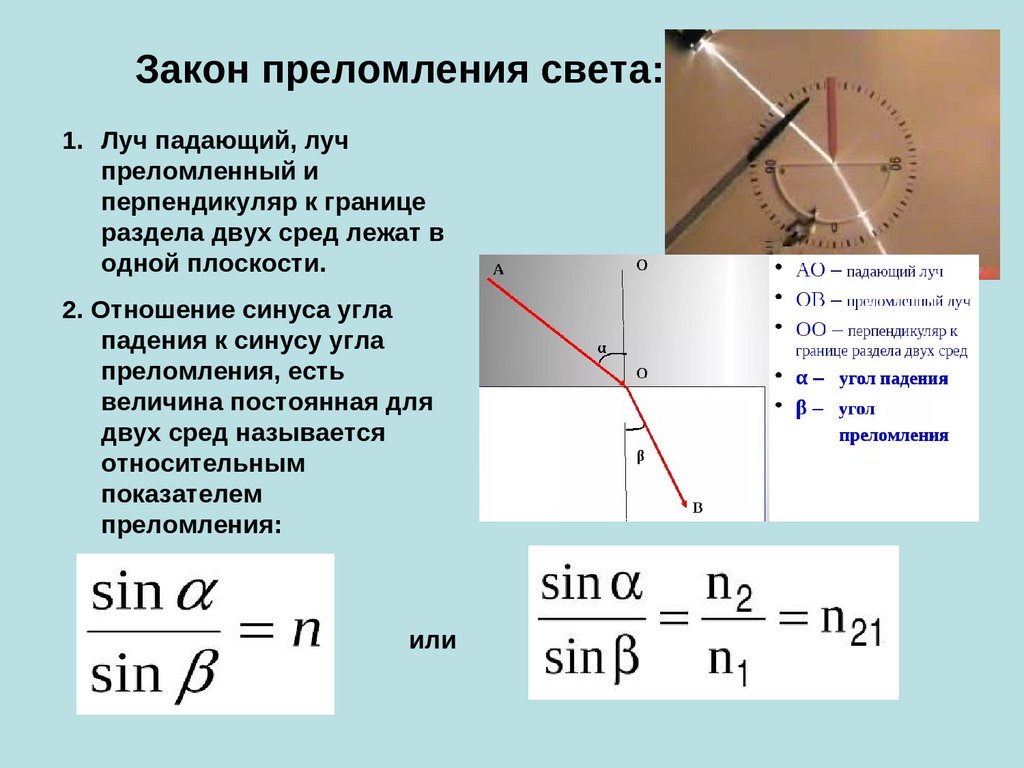 Света переходит. Закон преломления света. Отношение синусов углов падения и преломления. Что называется углом преломления. Луч входит перпендикулярно в плоскость с показателем преломления.