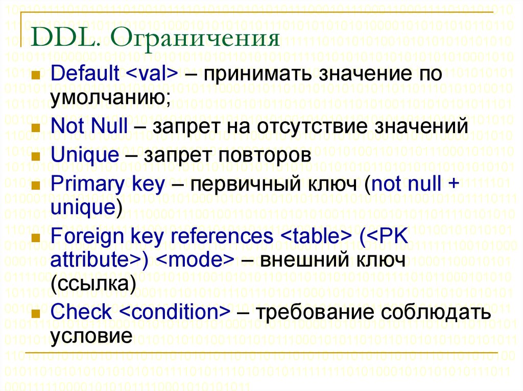 Значения unique. DDL (data Definition language) – команды. Data Definition language - DDL. Операторы DDL В языке SQL. Язык определения данных DDL.