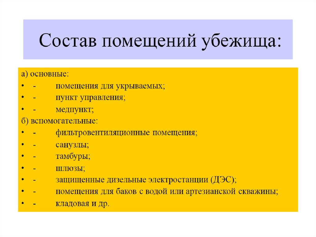 Помещения убежища. Основные и вспомогательные убежища. Перечислите основные и вспомогательные помещения в убежище. Основные помещения убежища. Состав помещений убежища.