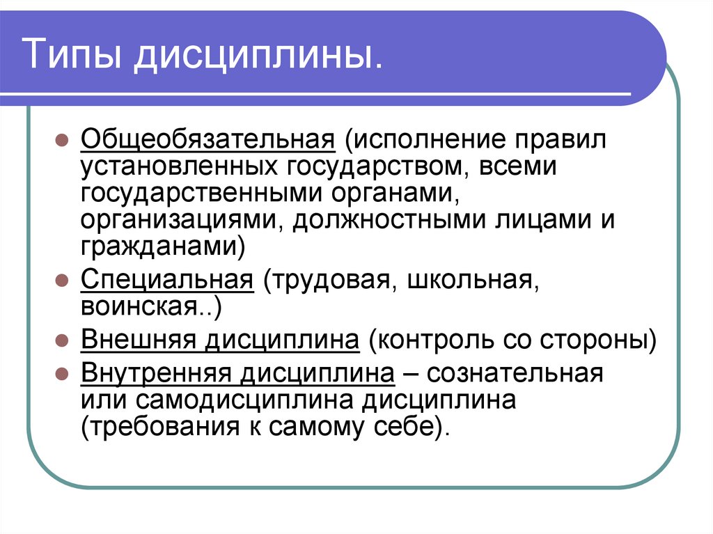 Схему характеризующую разновидности дисциплины в жизнедеятельности общества и государства