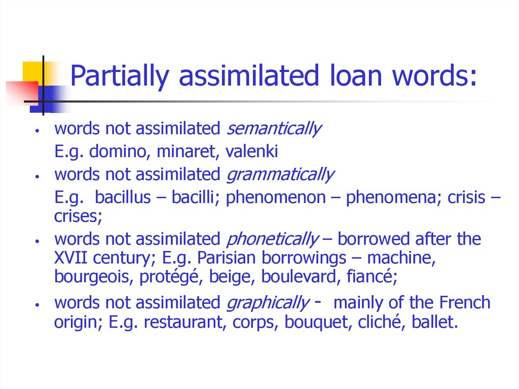 Partially assimilated loan words:
