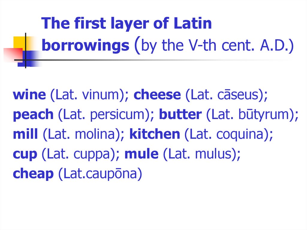 The first layer of Latin borrowings (by the V-th cent. A.D.)