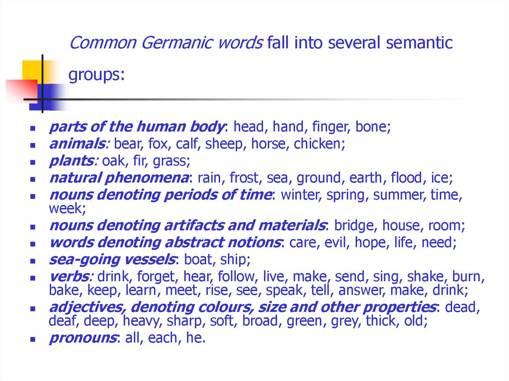 Common Germanic words fall into several semantic groups: