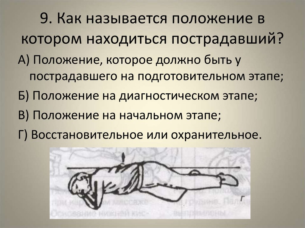 9. Как называется положение в котором находиться пострадавший?