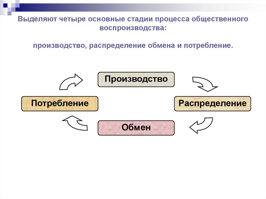 Выделяют четыре основные стадии процесса общественного воспроизводства: производство, распределение обмена и потребление.