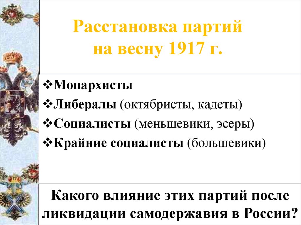 Важнейшие события весны осени 1917 в россии. Самая массовая партия весной 1917.