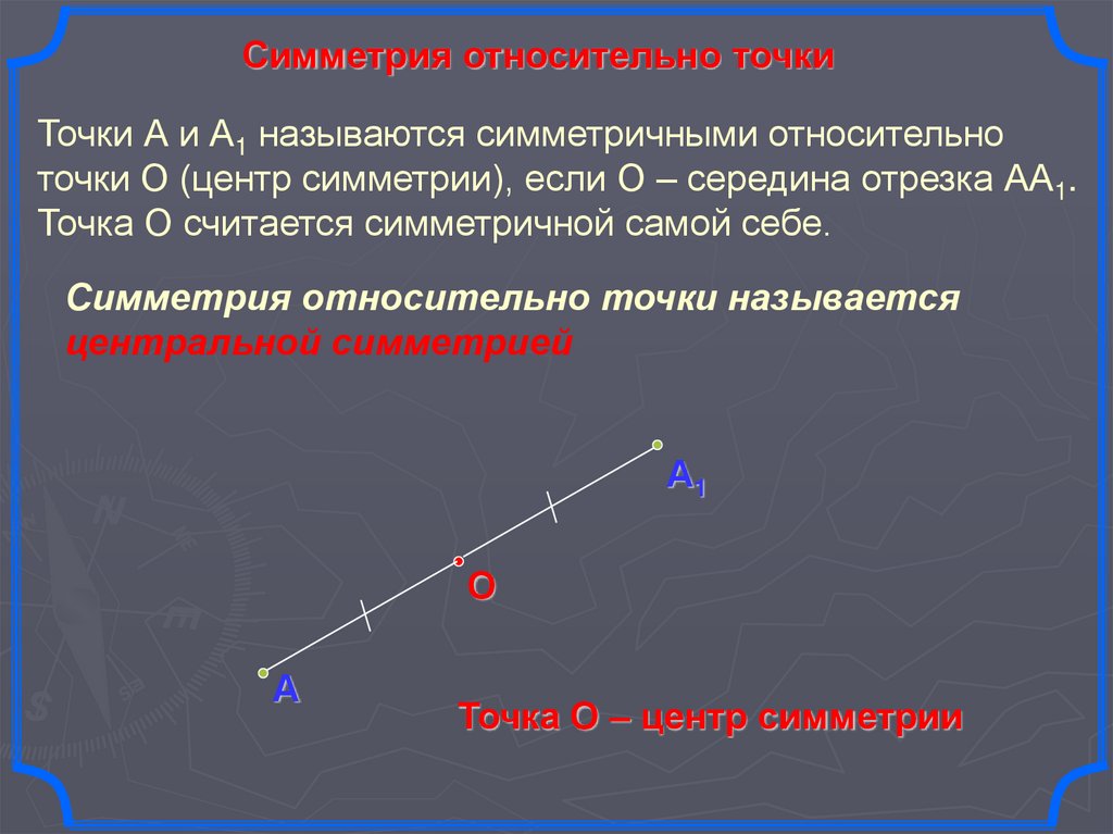 Ось симметрии отрезка. Симметрия точке относительно середины отрезка. Симметрия относительно точки центр. Точки а и а1 называют симметричными относительно точки о если. Симметричные относительно центра симметрии.