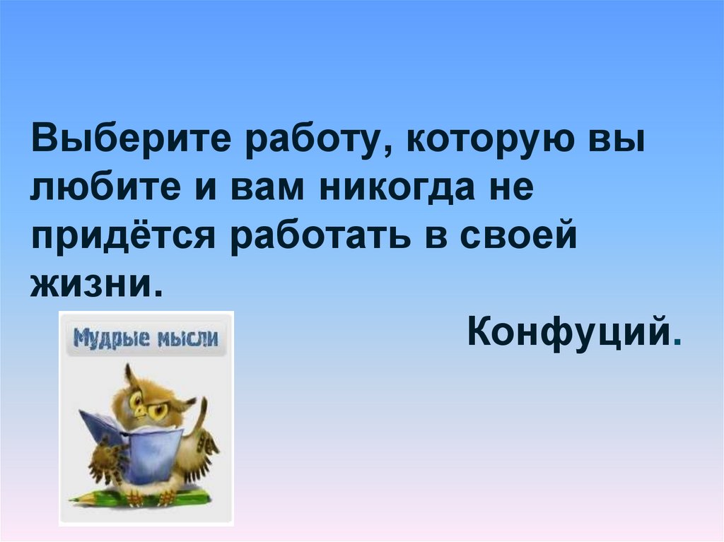 Выберите работу, которую вы любите и вам никогда не придётся работать в своей жизни. Конфуций.