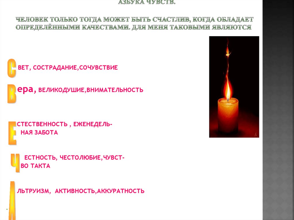 АЗБУКА ЧУВСТВ. Человек только тогда может быть счастлив, когда обладает определёнными качествами. Для меня таковыми являются