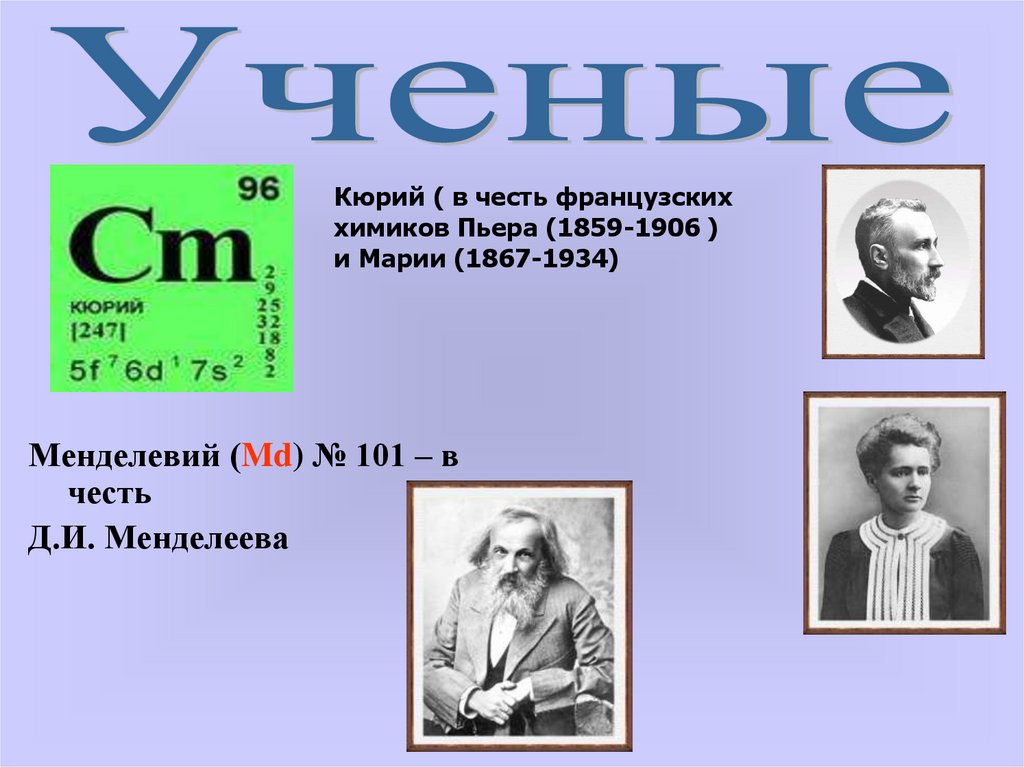 Элемент названный в честь менделеева. Химический элемент №101 менделевий. Менделевий в таблице Менделеева. MD менделевий. Кюрий.