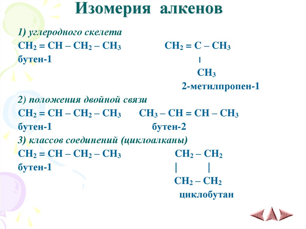 Изомерные алкены. Алкены изомерия положения двойной связи. Изомерия алкенов. Изомеры соединения ch3 Ch ch2 c=. Изомерия углеродного скелета алкенов.