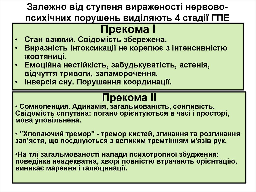 Залежно від ступеня вираженості нервово-психічних порушень виділяють 4 стадії ГПЕ