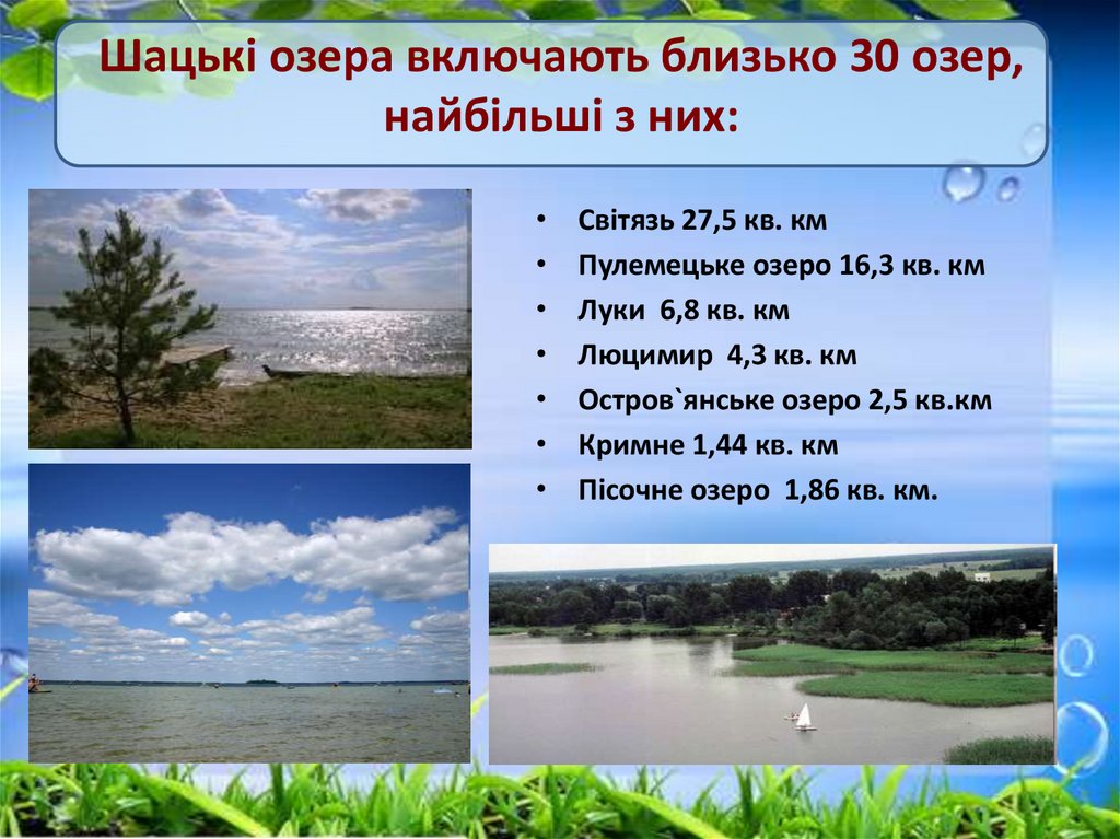 Шацькі озера включають близько 30 озер, найбільшi з них: