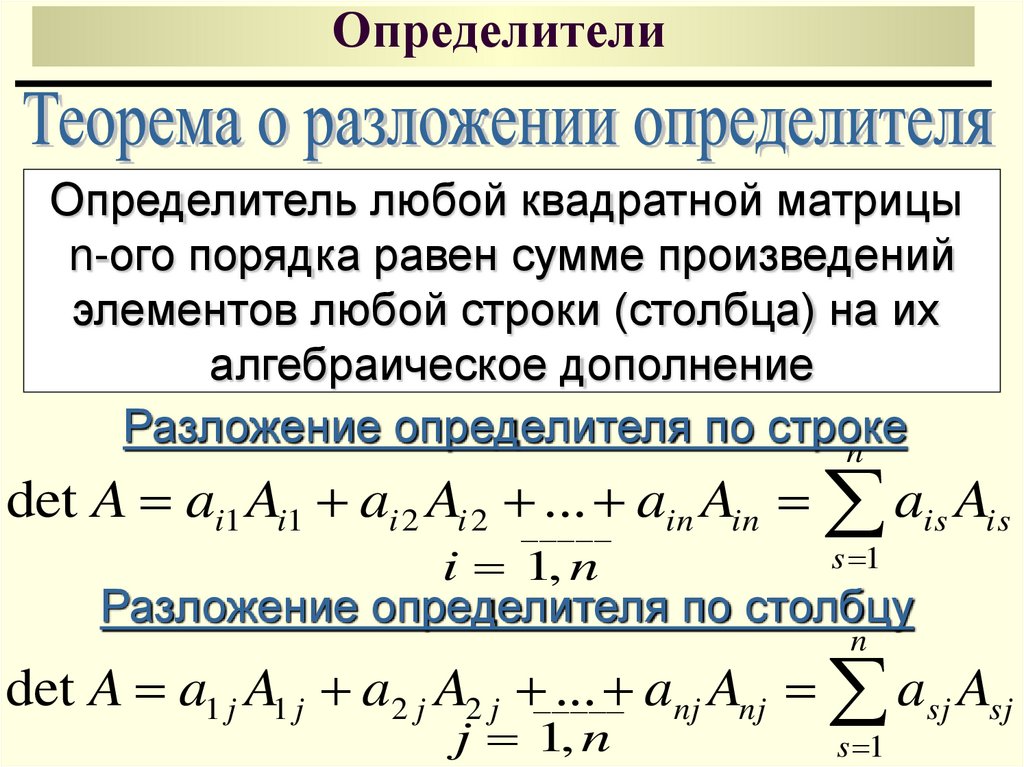 Определитель по столбцу. Теорема о разложении определителя по строке. Теорема о разложении определителя по элементам строки. Теорема разложения матрицы. Теорема о разложении определителя по элементам строки или столбца.