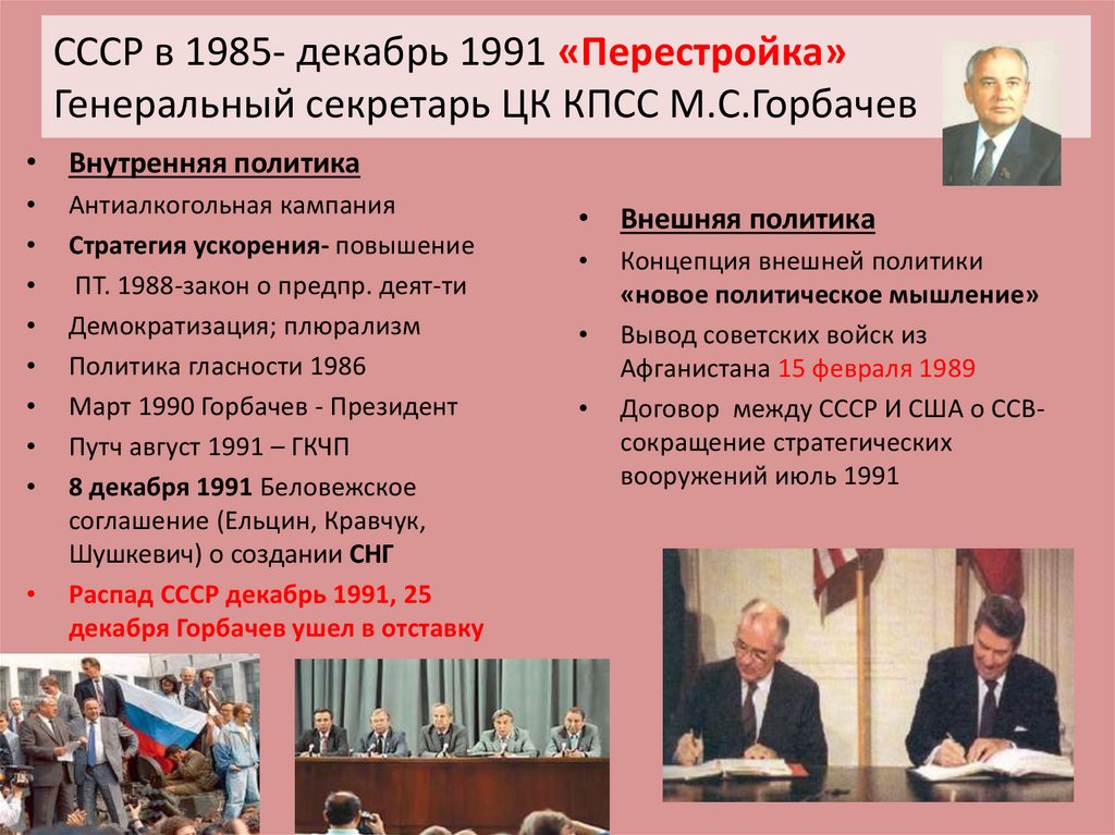 СССР в 1985- декабрь 1991 «Перестройка» Генеральный секретарь ЦК КПСС М.С.Горбачев
