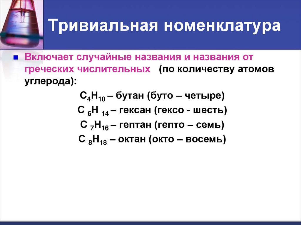 Тесты 10 алканы. Алканы тривиальная номенклатура. Тривиальная номенклатура химия. Номенклатура названий тривиальных химия. Тривиальная номенклатура примеры.