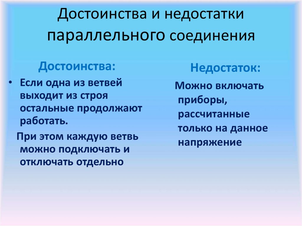 Недостатки соединений. Преимущества последовательного и параллельного соединения. Достоинства параллельного соединения проводников. Преимущества параллельного соединения проводников. Достоинства и недостатки параллельного соединения потребителей.