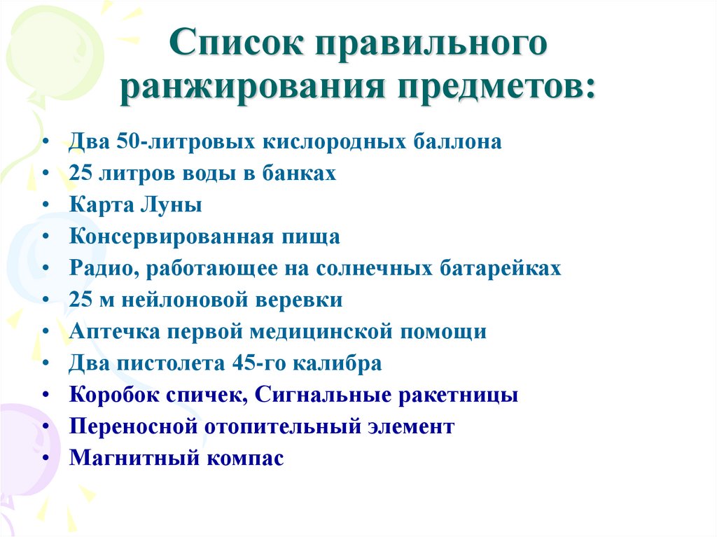 Список правильного ранжирования предметов: