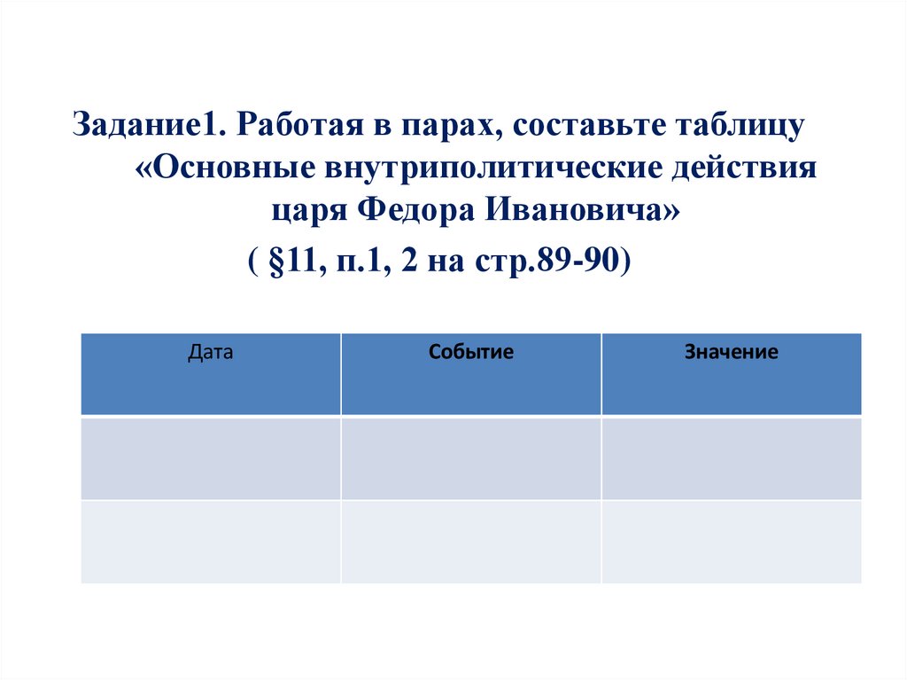 Составить таблицу основные события. Основные внутриполитические действия царя Федора Ивановича таблица. Основные внешнеполитические действия царя Федора Ивановича. Основные внутриполитические действия царя Федора Ивановича. Таблицу 