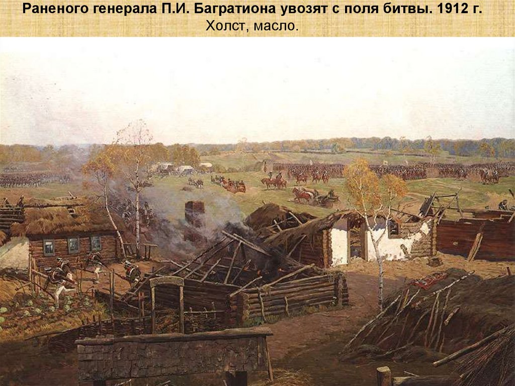 Раненого генерала П.И. Багратиона увозят с поля битвы. 1912 г. Холст, масло.