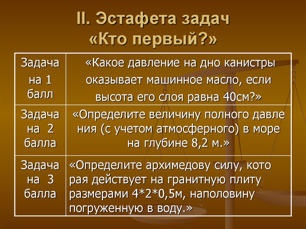 II. Эстафета задач «Кто первый?»