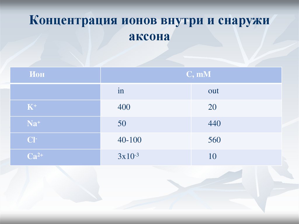 Концентрация ионов внутри и снаружи аксона