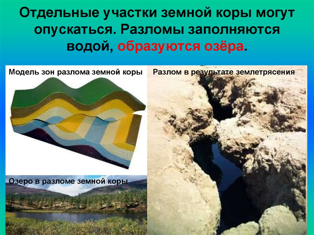 Отдельные участки земной коры могут опускаться. Разломы заполняются водой, образуются озёра.