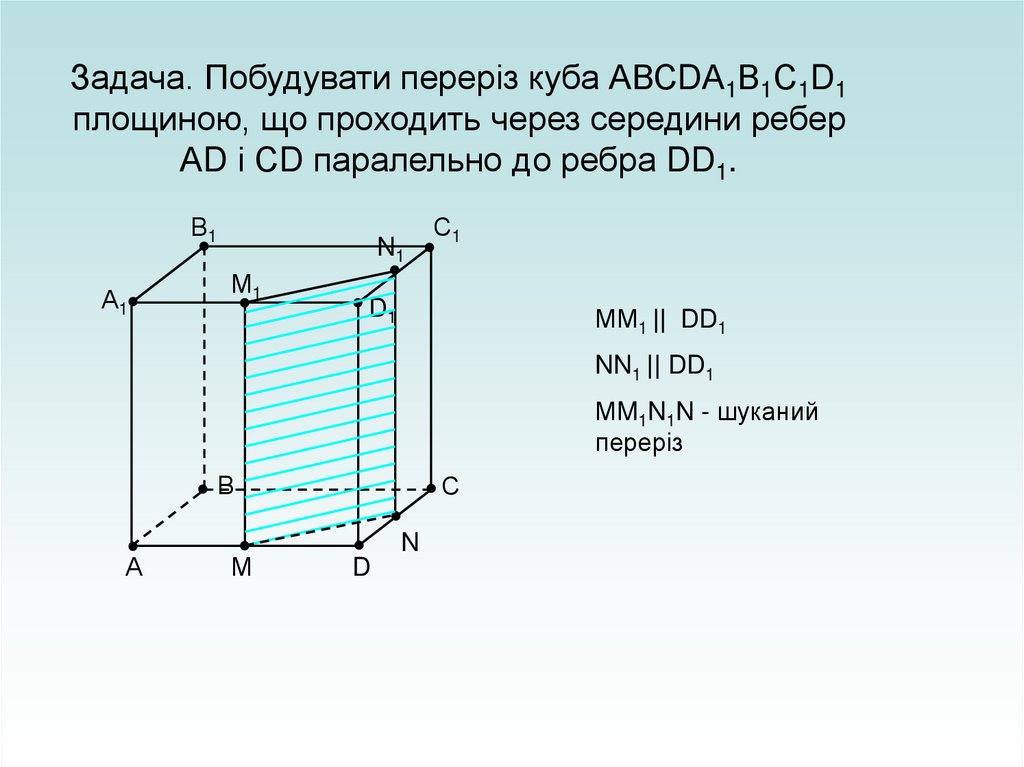 Задача. Побудувати переріз куба АВСDА1В1С1D1 площиною, що проходить через середини ребер АD і СD паралельно до ребра DD1.