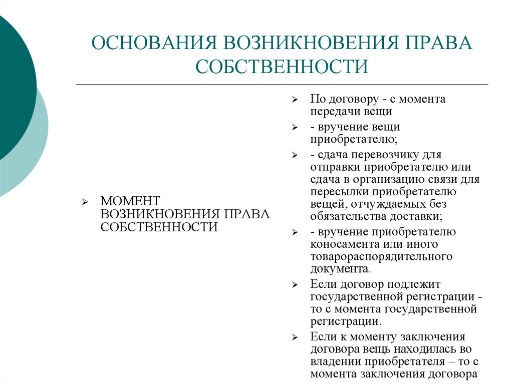 Основания возникновения частной собственности