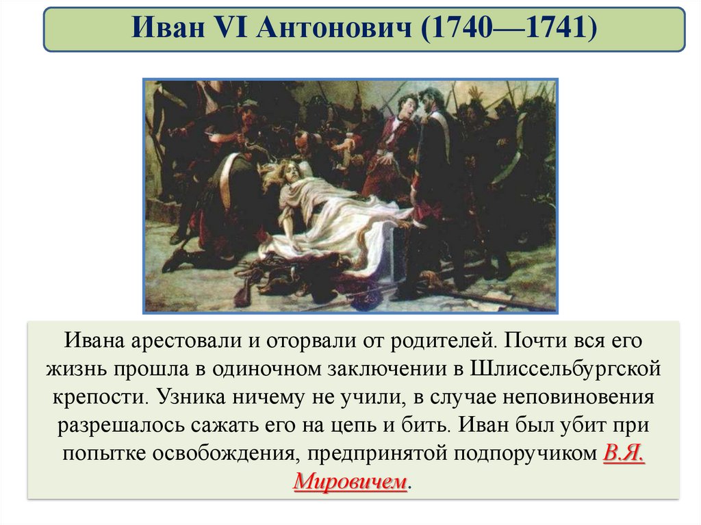 Заключение ивана 6. Мирович освобождение Ивана. Кого арестовал Иван 4.