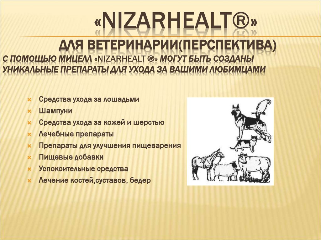 «NIZARHEALT®» для ветеринарии(перспектива) С помощью мицелл «NIZARHEALT ®» могут быть созданы уникальные препараты для ухода за