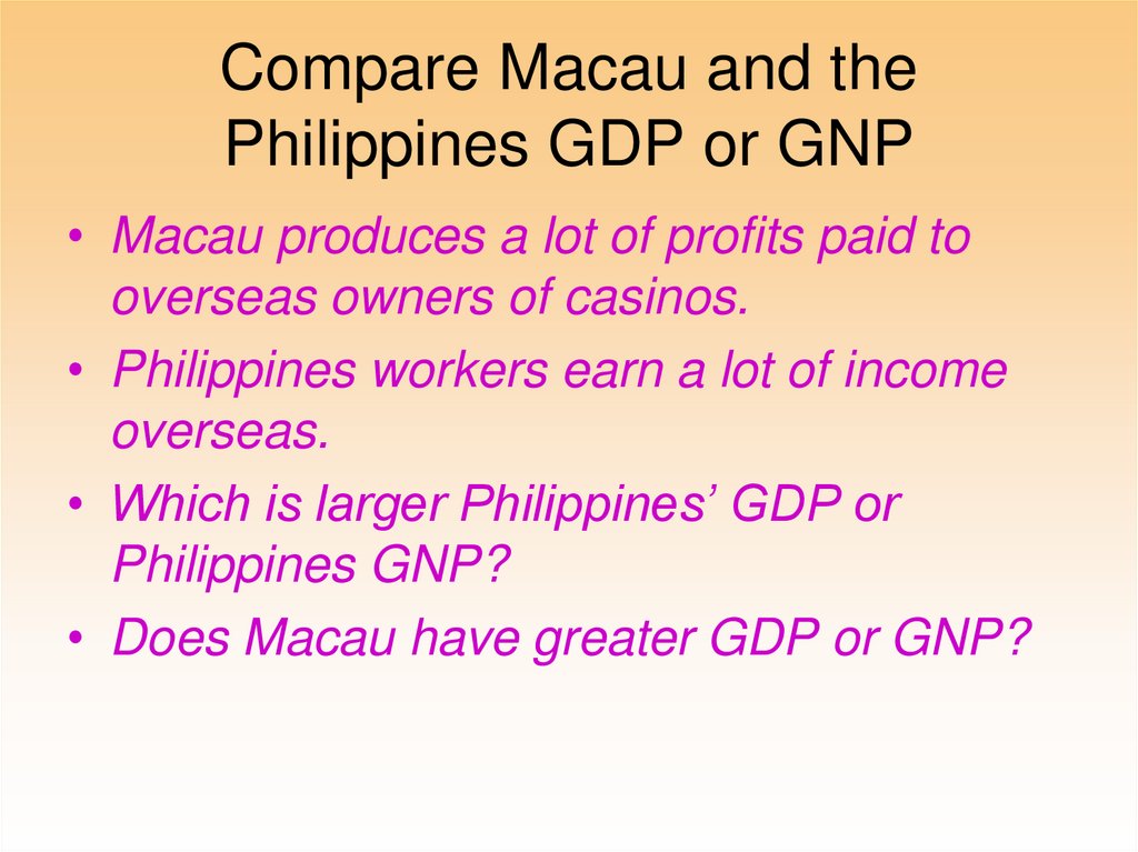 Compare Macau and the Philippines GDP or GNP