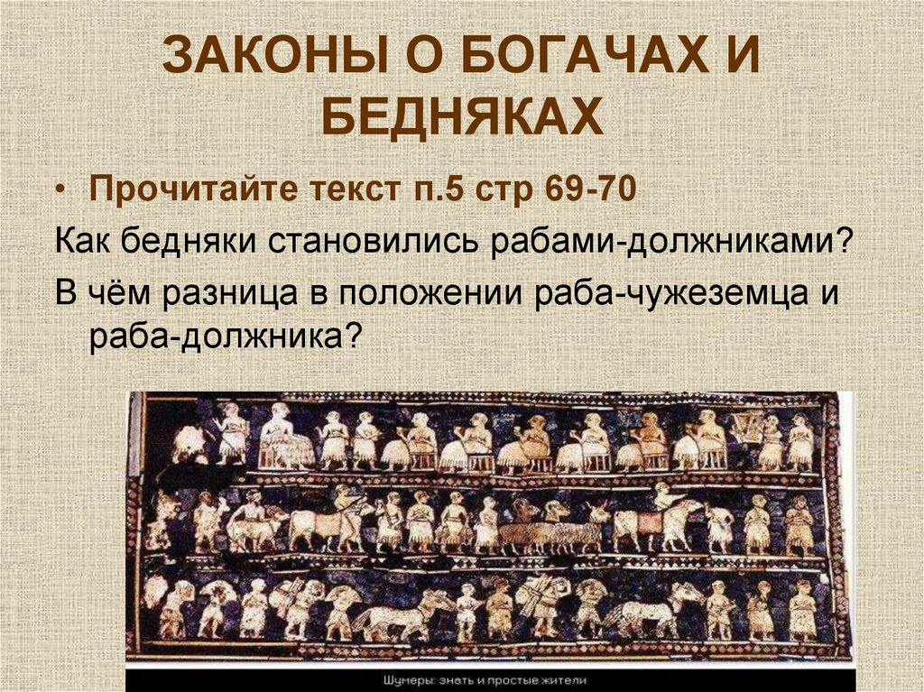 Чем отличалось положение вавилонянина отрабатывавшего долг. Законы Хаммурапи о богачах и бедняках. Законы о рабах богачах и бедняках. Законы о богачах. 5 Законы о богачах и бедняках.