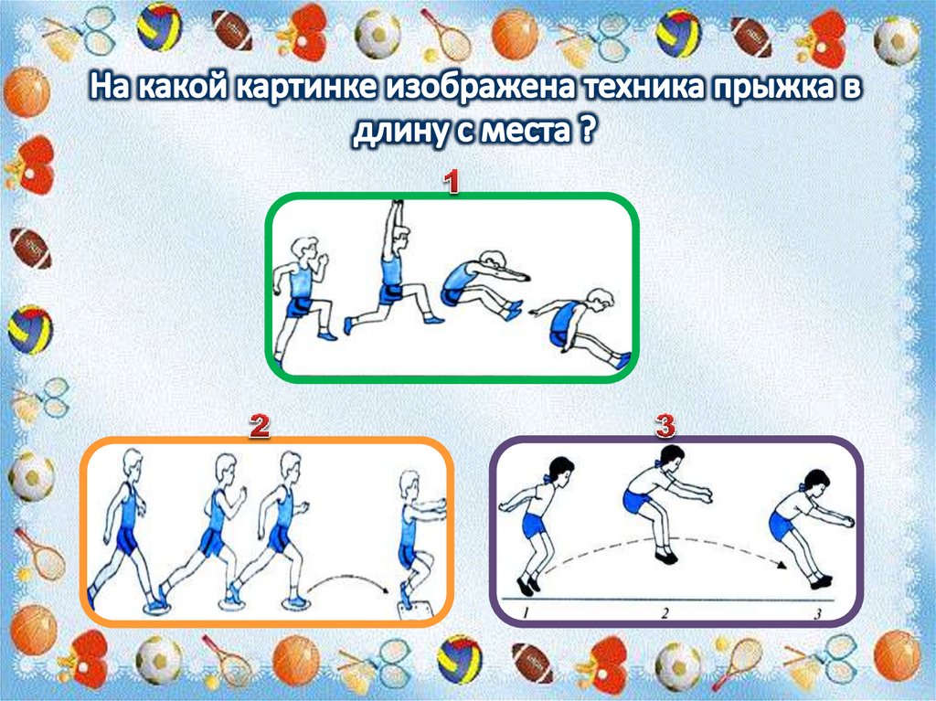 Тесто по физической культуре. Тест на спортивную тематику. На какой картинке изображена техника прыжка в длину с места ?. Тест по спортивных играх. Спортивные тесты по физической культуре.