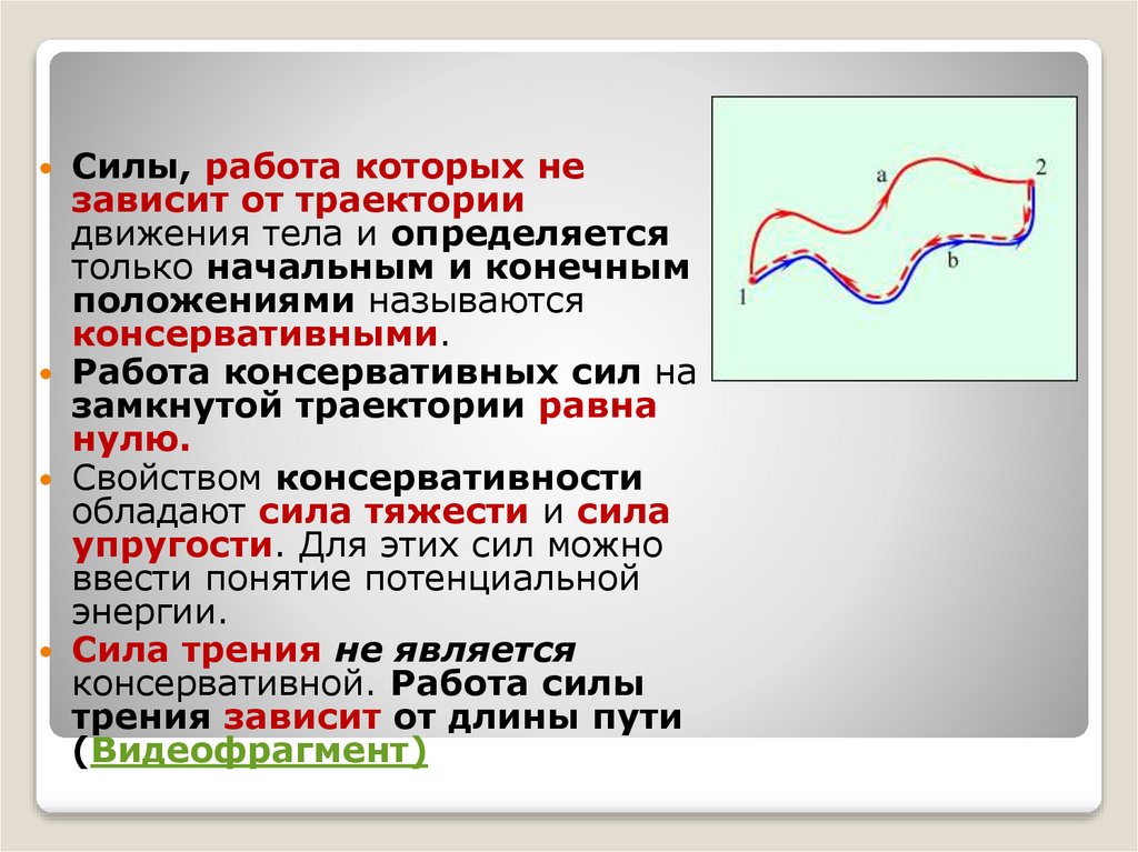 Конечная позиция. Работа консервативных сил на замкнутой траектории равна нулю.. От чего зависит Траектория движения. Силы работа которых не зависит от вида траектории. Силы работа которых зависит от формы и длины траектории.