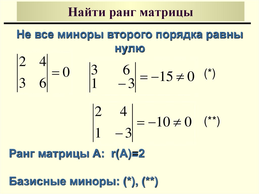 Вычислить элементы матрицы. Как найти матрицу миноров 2 на 2. Ранг матрицы 3х4. Как определить базисный минор матрицы. Ранг матрицы если определитель равен нулю.