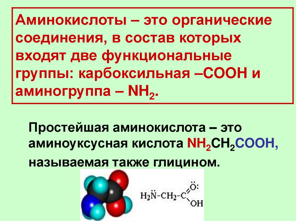 Аминокислоты – это органические соединения, в состав которых входят две функциональные группы: карбоксильная –COOH и
