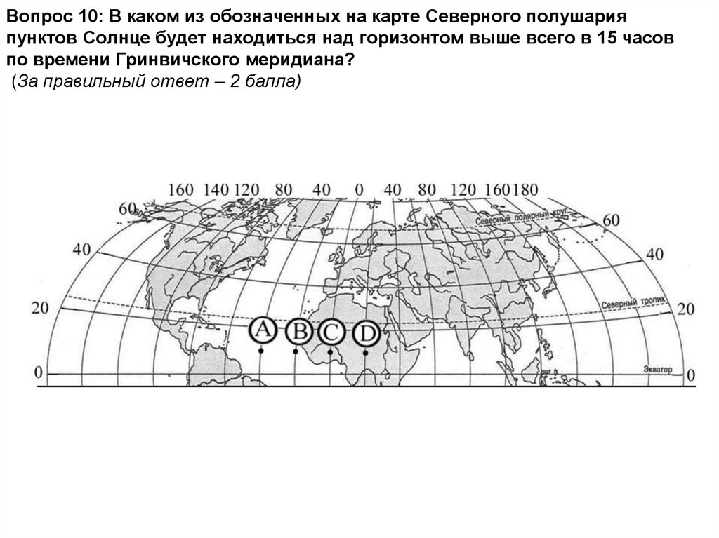 Вопрос 10: В каком из обозначенных на карте Северного полушария пунктов Солнце будет находиться над горизонтом выше всего в 15