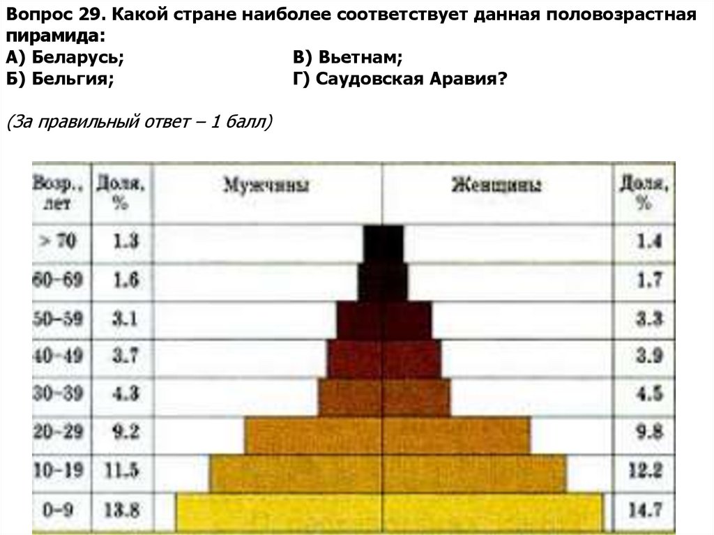 Вопрос 29. Какой стране наиболее соответствует данная половозрастная пирамида: А) Беларусь; В) Вьетнам; Б) Бельгия; Г)