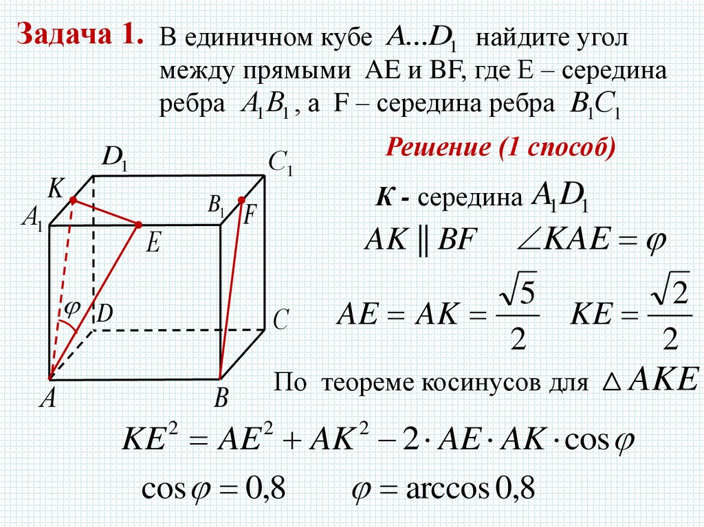 Косинус между ребрами. В единичном Кубе a d1 Найдите угол между прямыми aе и DF. Угол между прямыми a1c bb1. Решение задач по стереометрии 10 класс с решением. В Кубе a…d1 Найдите угол между прямыми ab1 и a1c1..