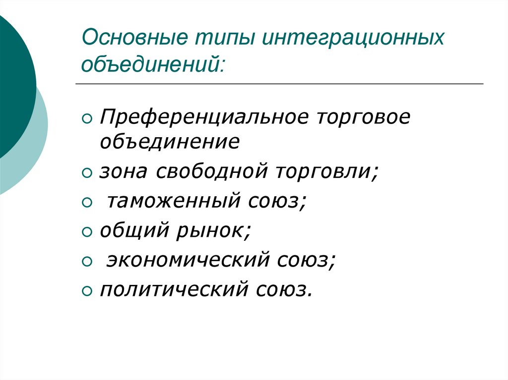 Основные типы интеграционных объединений: