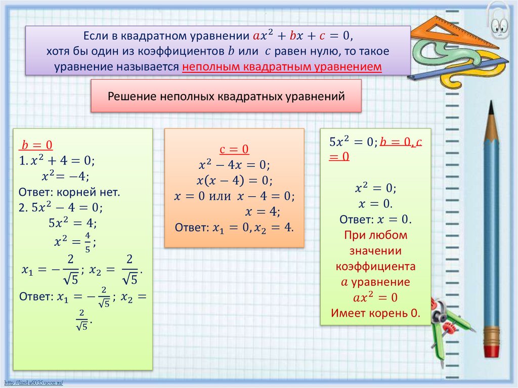 План конспект на тему неполные квадратные уравнения