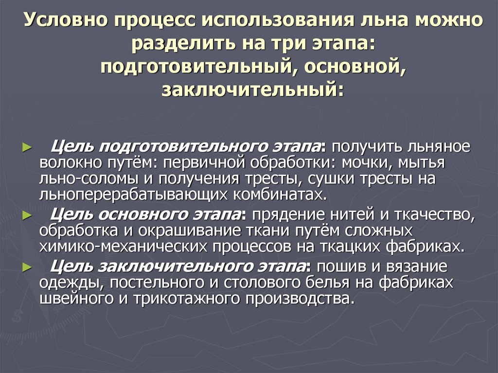 Условно процесс использования льна можно разделить на три этапа: подготовительный, основной, заключительный: