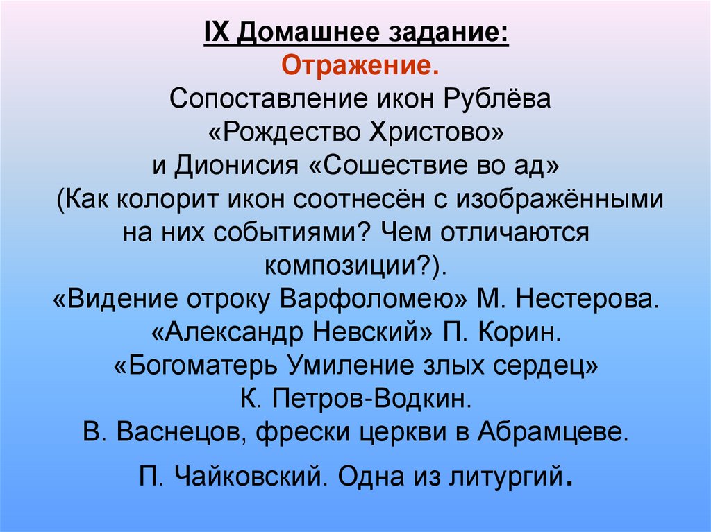 IX Домашнее задание: Отражение. Сопоставление икон Рублёва «Рождество Христово» и Дионисия «Сошествие во ад» (Как колорит икон