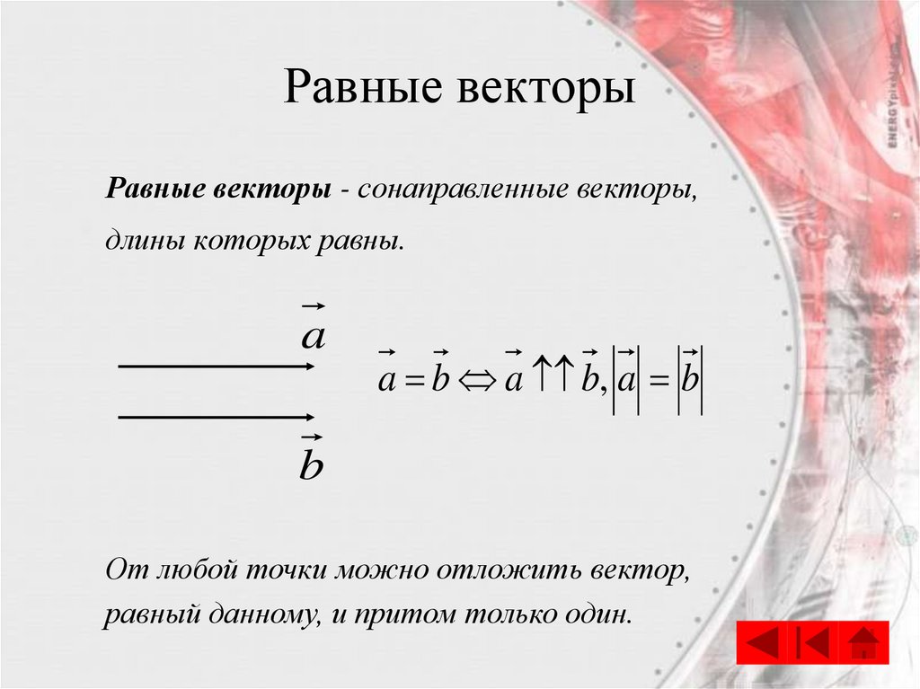 Векторы в пространстве 11. Равные векторы. Равные векторы примеры. Сонаправленные векторы длины которых равны. Равно вектор.