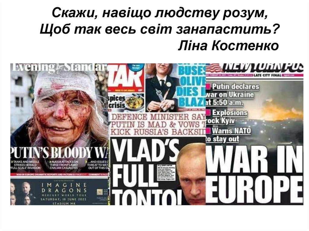 Скажи, навіщо людству розум, Щоб так весь світ занапастить?                                     Ліна Костенко